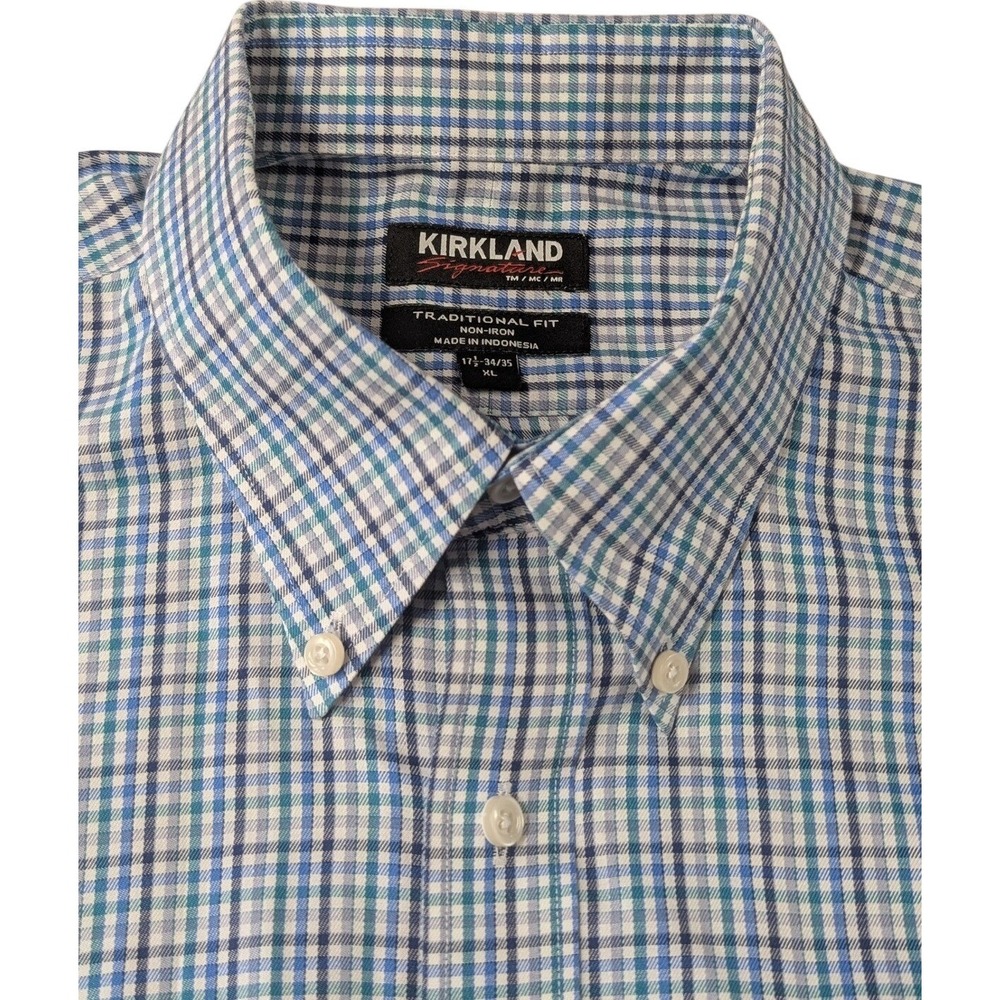 Kirkland Signature XL 17.5 34/35 Blue Plaid Non-Iron Dress Shirt Traditional Fit